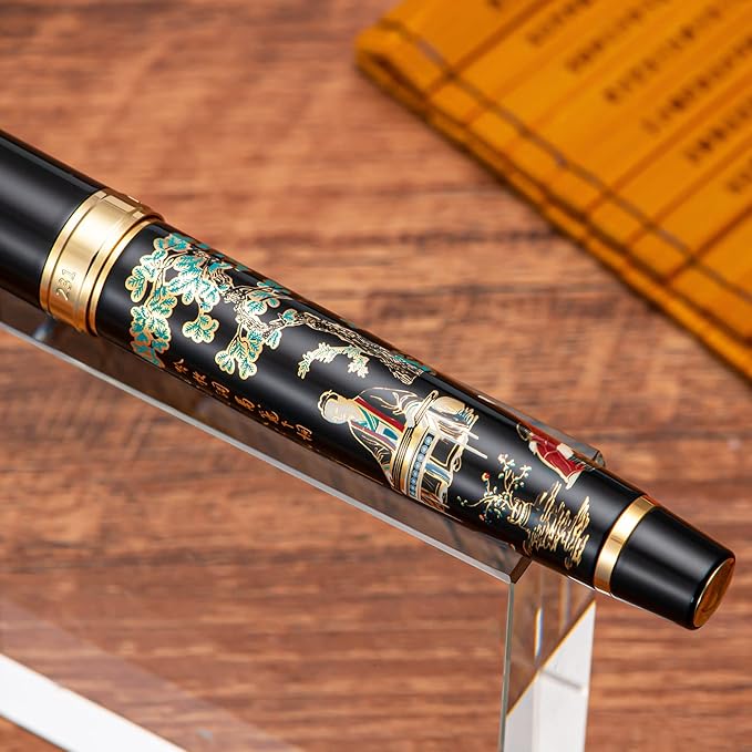 Hongdian 231 Chinese Classical Fountain Pen, Iridum Extra Fine Gold Nib with Chinese Painting Design, Smooth Writing Pen with Ink Converter and Metal Pen Box Set