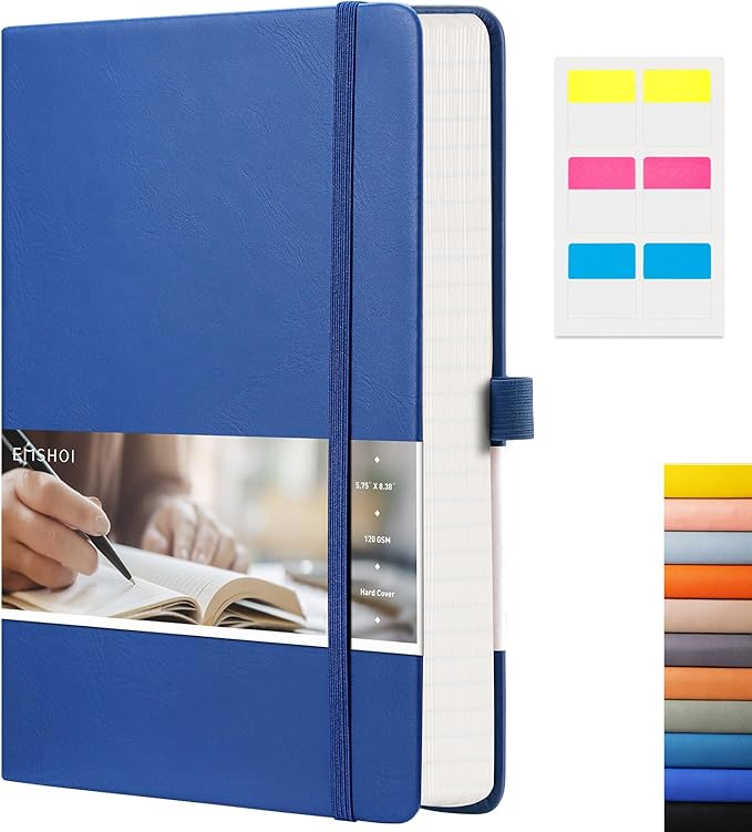 EMSHOI Lined Journal - 120gsm Thick Paper College Ruled Notebook with Sticky Notes, 256 Numbered Pages, A5 Hardcover Leather for Women & Men Work, School, Writing - (5.75”x8.38”) Blue