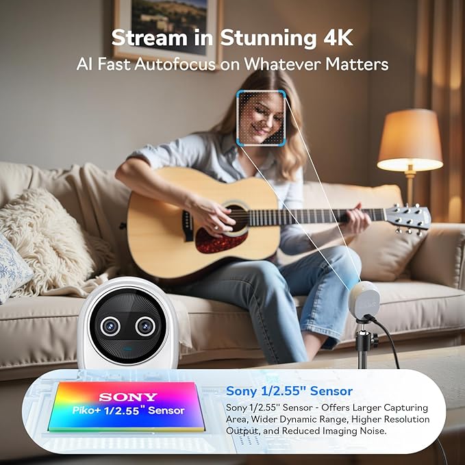 EMEET Piko+ Webcam 4K, World’s 1st Dual-Camera AI-Powered 4K Camera, 1/2.55'' Sony Sensor, 3 Mics&3 Sound Modes, Panda Magnetic Privacy Cover, USB C-C&C-A, Ideal for Livestreamers and Content Creators
