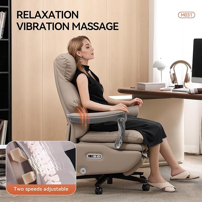 Executive Office Chair with Footrest,Sustainable Leather Electric Ergonomic Reclining Home Office Desk Chairs with Massage,Big and Tall Comfy Computer Chair with Wheels High Back 400LB,Khaki