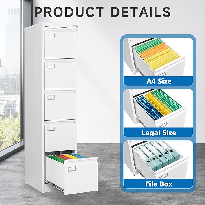 5 Drawer File Cabinet with Lock Metal Vertical File Cabinet Office Home Vertical File Cabinet for A4 Legal/Letter Size Narrow File Cabinet Locked,Assembly Required (White, 5 Drawers-Vertical)