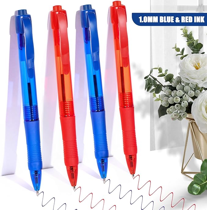 deegtran Pens Bulk, 100 Pack No Bleed Blue & Red Ink Click Pens with Soft Grip, Wholesale Retractable Ballpoint Pens for Office School, Medium Point Smooth 1.0MM