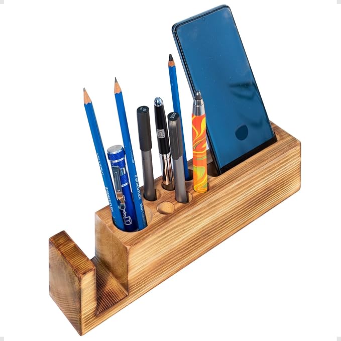 Hoffenwell Wooden Desk Organizer with Phone Holder – Stylish & Functional Book, Pen and Cell Phone Charging Stand - Solid Wood Pen Holder for Desk