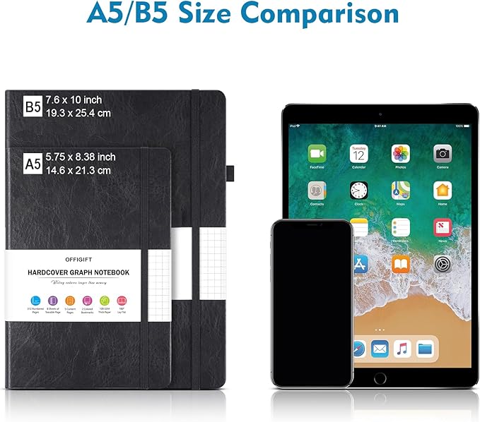 Graph Paper Notebook, 312 Numbered Pages Large A5 Hardcover Leather Journal, 100gsm No Bleed Grid Paper Notebook with Index Pages, Grid Notebook for Graphing Notes Math, 5.75" x 8.38", Blue