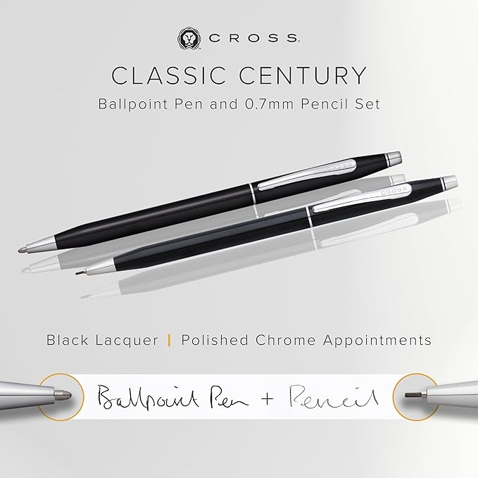 Cross Classic Century Refillable Pen & Pencil Gift Set Presented in a Luxury Gift Box - Medium Point, Black Ink, Black & Chrome