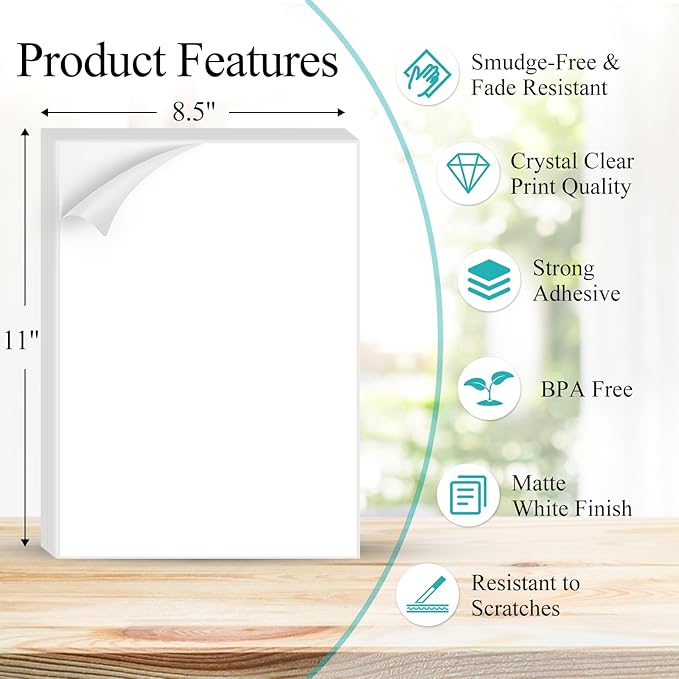 500 Sheets Sticker Paper Matte White, 8.5" x 11" Label Paper for Laser & Inkjet Printer, Full Sheet Label for Shipping Address Mailing