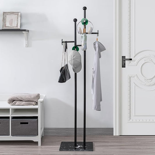 Free Standing Coat Rack with Marble Base & 8 Hooks Heavy Duty Clothes Rack for Entryway Bedroom Living Room Hotel 14.96 x 10.24 x 68.9 Inches (Black)
