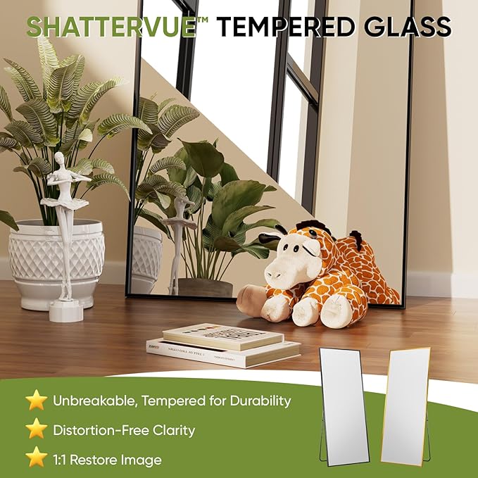 Full-Length Floor Mirror with Stand, 58"x18" Rectangle Style Full Body Standing Mirror for Bedroom, Living Room, Gym, Dorm - Shatter-Resistant & Easy Assembly, Black