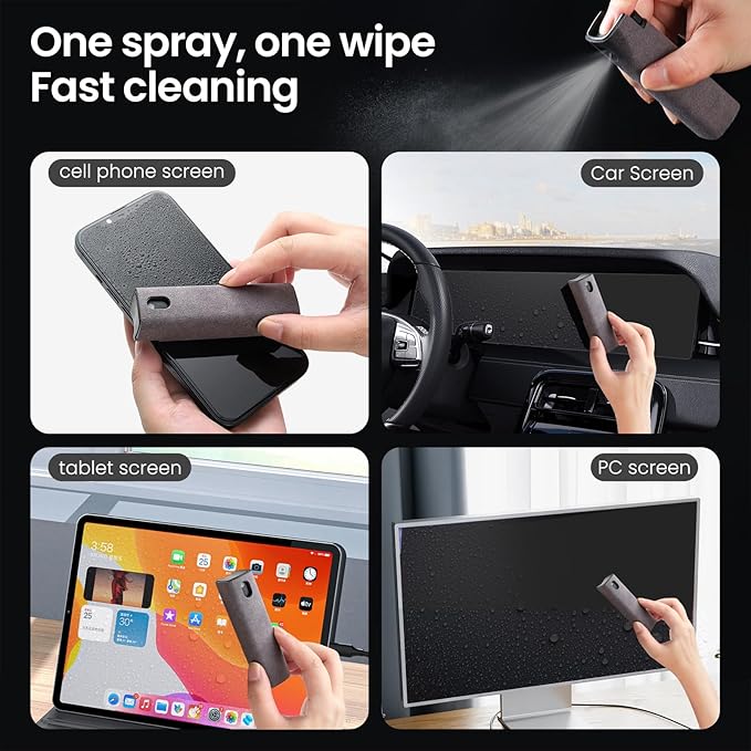 2 Pcs Screen Cleaner Kit, 3-in-1 Touchscreen Mist Cleaner Spray Bottle Tool & Microfiber Cloth for Phone/Laptop/Tablet/TV/Monitor/Car Screens(Grey)