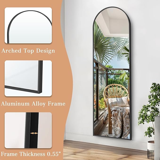 Arched Full Length Mirror with Stand, 57"x20" Free-Standing Leaning Wall-Mounted Mirrors, Elegant Body Mirror for Living Room, Bedroom & Cloakroom, Black