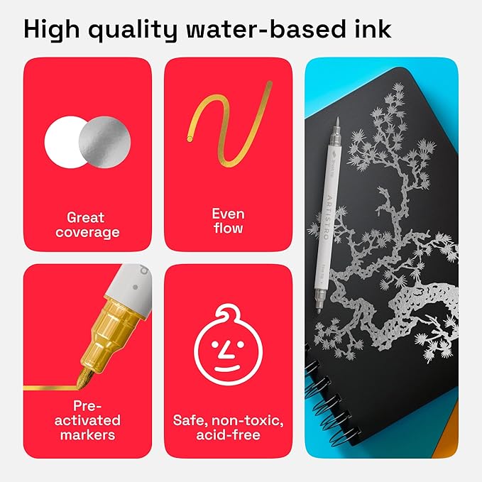 ARTISTRO 2 Silver&Gold Dual-Tip Acrylic Paint Pens - Multisurface Markers for Fabric, Plastic, & More, 1 mm Fine & Brush Tips