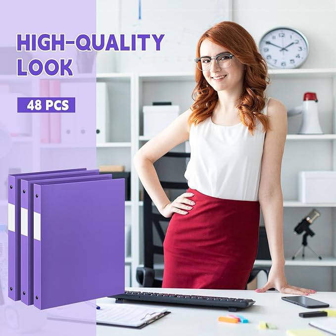 Henoyso 48 Pcs 3 Ring Binder 1/2'' Round Fits Letter Size 8. 5'' x 11'' Paper Plastic Flexible Binder Holds 100 Sheets with 1 Pockets Versatile Organizer for Office Home School (Purple)