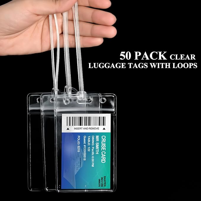 50 Pack Clear Plastic Luggage Bag Tag Holder Badge Label Tag Holder with 50 Pack Luggage Loops Straps for Office Business Travel Supplies