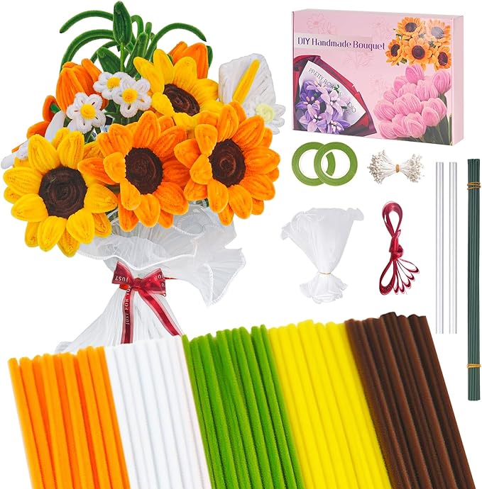 500 PCS Pipe Cleaners Craft Kit for Flower Making Sunflower DIY Material Bundle with 20 Stems, 100 Stamens, Ribbon, Tulle, Glue Sticks & Step-by-Step Guide Vibrant Colors, Non Shedding, FadeResistant