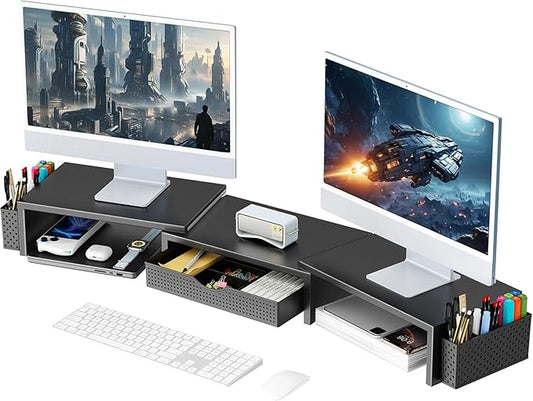 gianotter Dual Monitor Stand Riser, Desk Organizer With Drawer and 2 Pen Holders, Computer Monitor Stand, Desk Shelf for Top of Desk, Balck