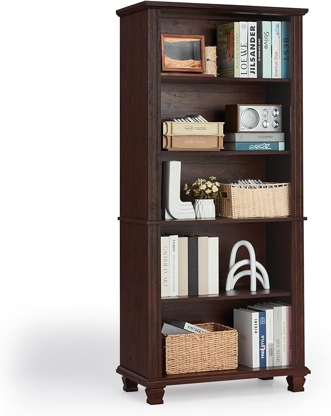 70" Tall Walnut Bookshelf,5 Tier Wooden Book Shelf with Adjustable Shelves & Wood Legs,Free Standing Farmhouse Bookcase with Open Display Storage,Vintage Bookshelves for Classroom, Office