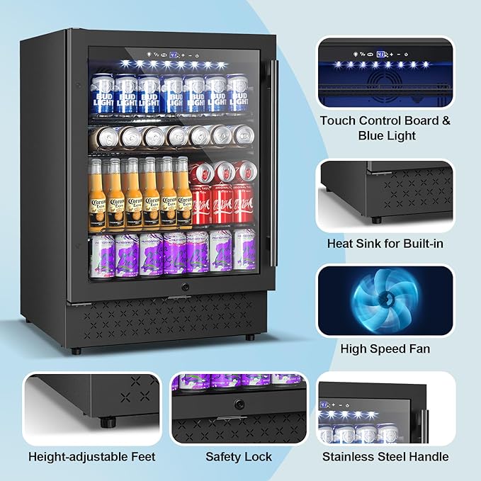 24 Inch Beverage Refrigerator, 5.2 Cu. Ft. Drink Refrigerator with Glass Door, 200 Cans Under Counter & Freestanding Drink Fridge, Reversible Door, Built-In Beverage Cooler for Kitchen, Bar or Office.