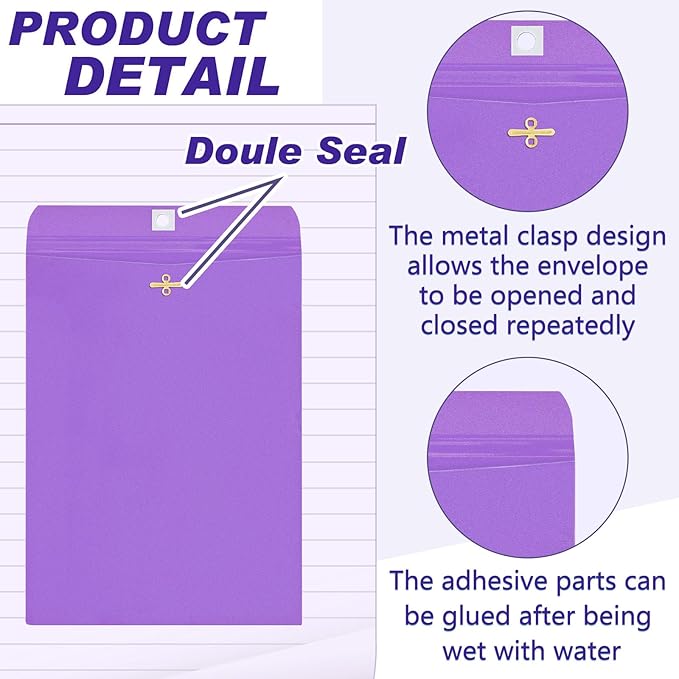 Geyee 100 Pcs Clasp Manilla Envelopes 9 x 12 Inch Gummed Colored Envelopes for Storing or Mailing for Home Office Business Supplies(Purple)