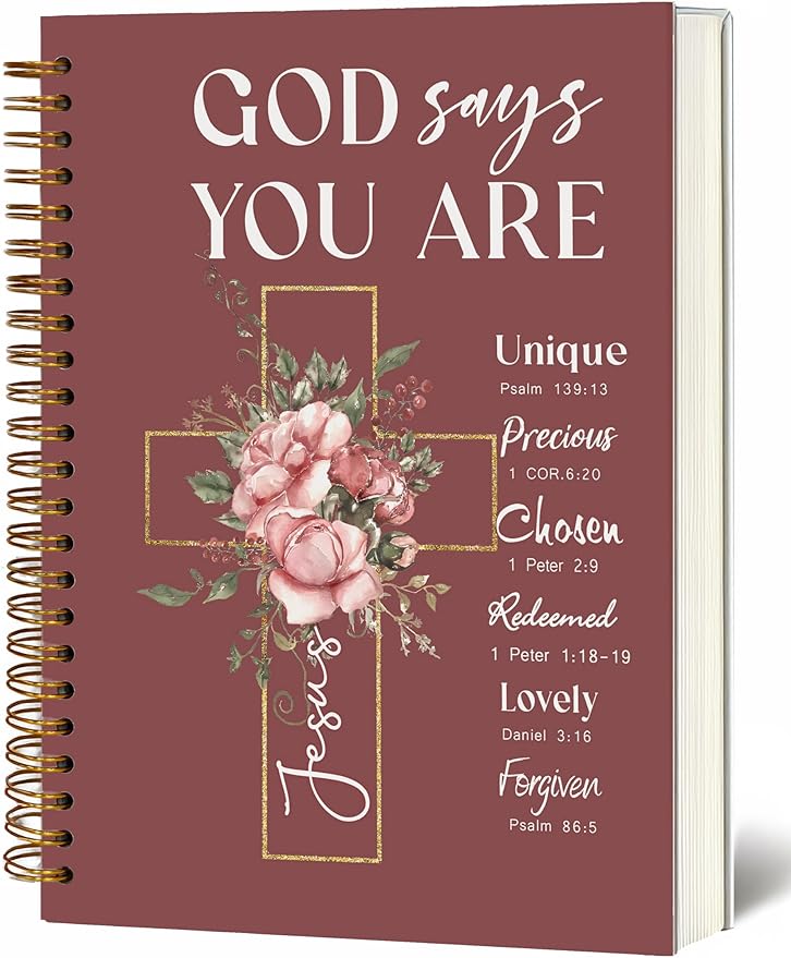 Bible Notebook, A5 Spiral Christian Journal with Floral Pink Butterfly Notebook, Bible Verse-God Says You Are, Inspirational Notebooks for Women, Bible Study, Gift for Birthday Christmas
