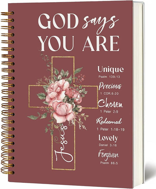 Bible Notebook, A5 Spiral Christian Journal with Floral Pink Butterfly Notebook, Bible Verse-God Says You Are, Inspirational Notebooks for Women, Bible Study, Gift for Birthday Christmas
