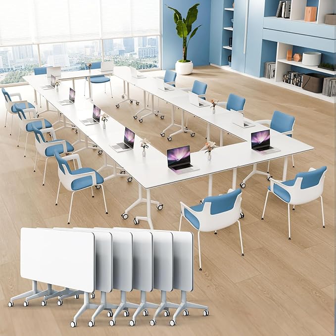 6Pack Folding Conference Room Table, Modern Conference Tables with Silent Wheels, Large Rectangular Mobile Training Tables for Office Classroom, Foldable Modular Seminar Table White (L70.9in)