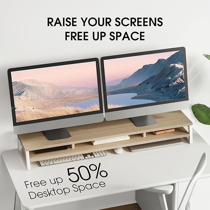 Fenge Dual Monitor Stand for Desk, 42.5in Large Monitor Riser for 2 Monitors, 2 Tier Computer Office Desk Top Shelf, Desktop Storage Stand for Laptop, PC, Computer, Printer