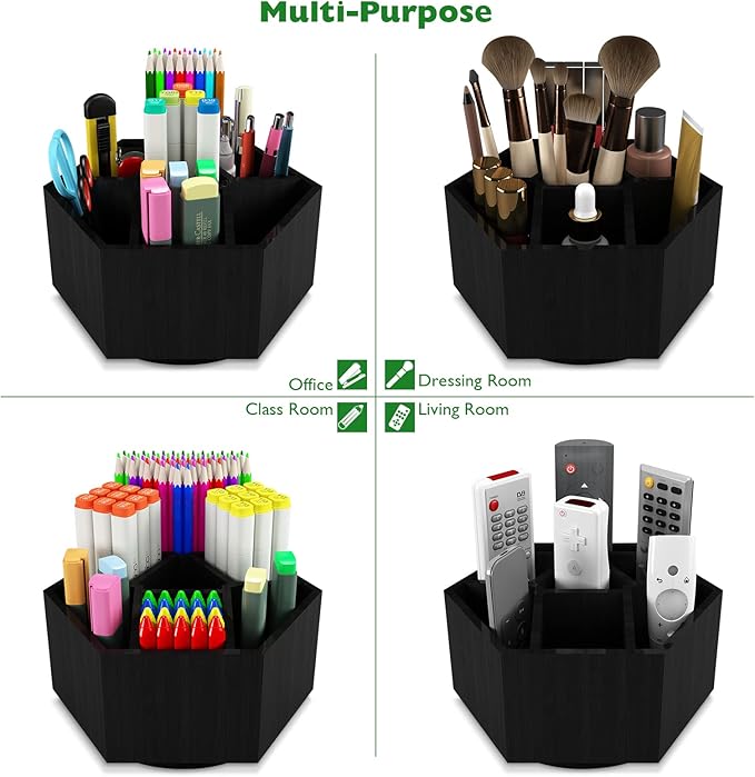 Art Caddy Organizer for Kids, Bamboo Pencil Organizer with 7 Large Compartment, Pen Storage Organizer, Marker Holder, Desk Caddy holds 325+ pencils, Education Supplies & Craft Supplies, Black