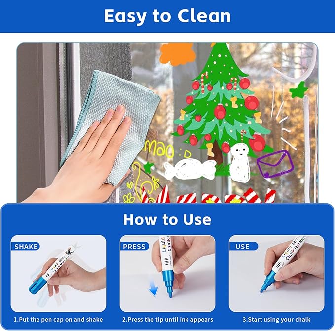 Chalk Markers for Blackboard 8 Metallic Colors, 6mm Reversible Bullet & Chisel Tips, Chalk Pens Wet & Dry Erasable Markers for Whiteboard, Chalkboard, Calendar, Windows, Glass, Signs