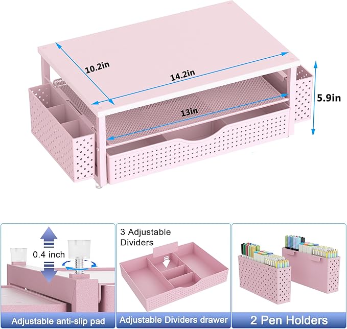 Desk Organizer and Accessories, Computer Monitor Stand Riser with Drawer and 2 Pen Holders, Office Desk Accessories & Workspace Organizers for Office Supplies (Pink)