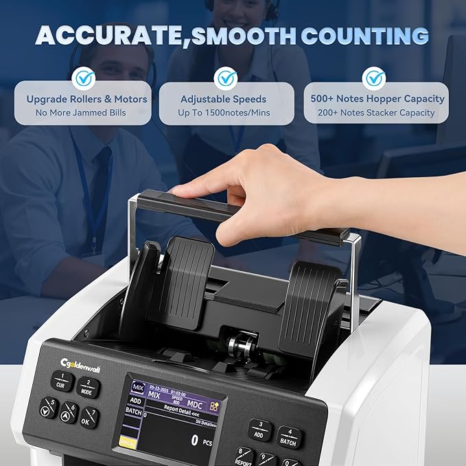 CGOLDENWALL Money Counter Machine Mixed Denomination,Bank Grade Cash Counter 2CIS/UV/IR/MG Counterfeit Detection,Serial Number,MUL Currency Value Counting, Sort&Printer Compatible Bill Counter,1500N/M