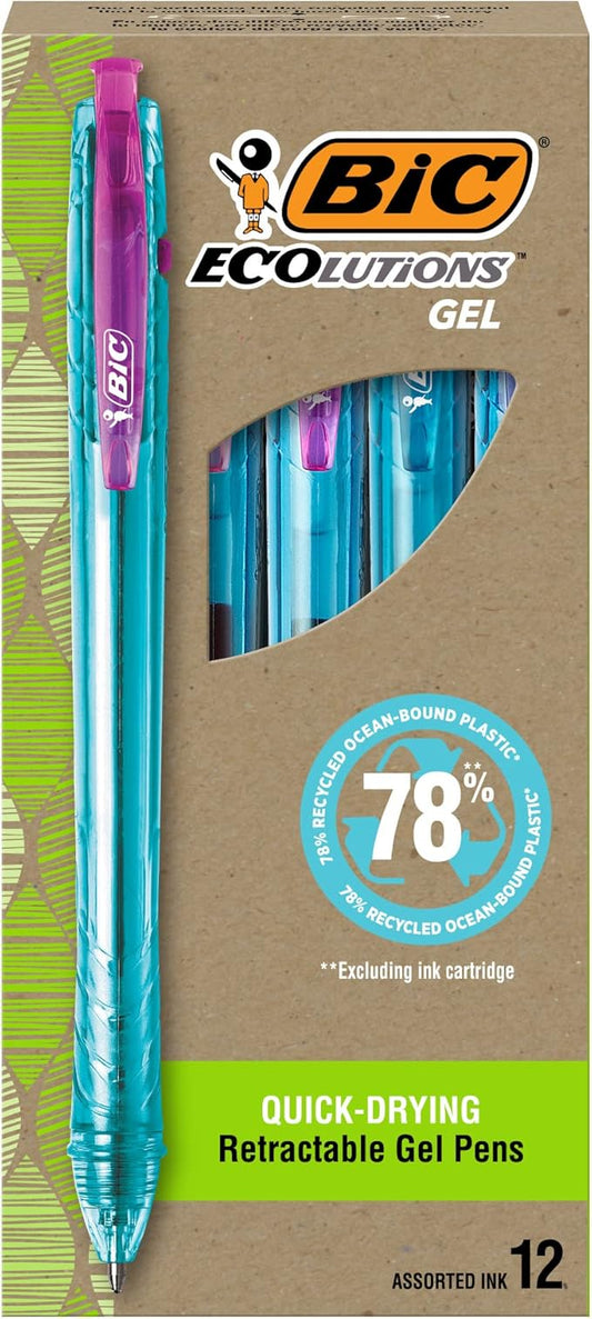 BIC Ecolutions Ocean-Bound Plastic Gel Pens, Medium Point (0.7 mm), 12-Count Pack, Retractable Assorted Ink Pens Made from 78% Ocean-Bound Recycled Plastic Excluding Ink Cartridge