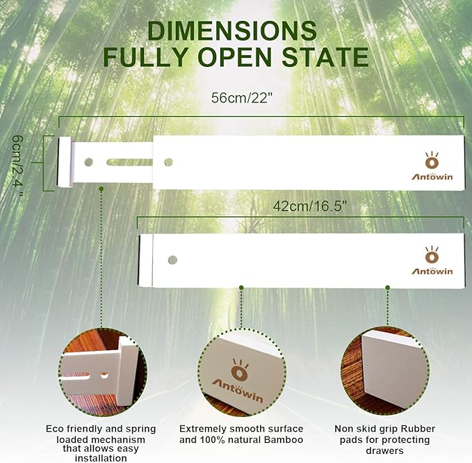 ANTOWIN Expandable Bamboo Drawer Dividers, Drawer Separators,17-22 inches Adjustable Spring-loaded Organizer for Large Utensil, Clothes, Tools Drawers, 6Pack (White)