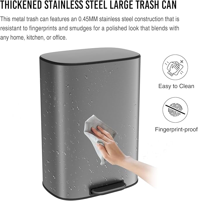 13 Gallon Stainless Steel Foot Pedal Large Trash Can with Soft Close Quiet Lid, Stainless Steel Thickened Body Oval Garbage Can with 30 Garbage Bags for Kitchen/Home/Office and More - Silver Gray