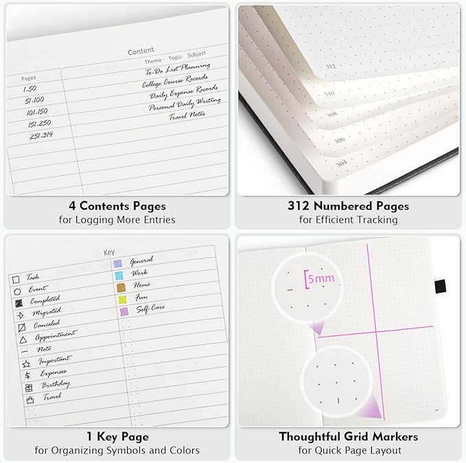 Dotted Journal Notebook, 312 Numbered Pages Large B5 Hardcover Leather Notebook, 100gsm No Bleed Paper Dot Grid Notebook with Index Pages, Dot Journal for Women Men, 7.6'' X 10'', Burgundy