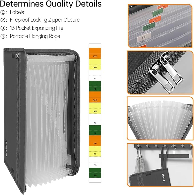 ENGPOW Accordion File Organizer,Fireproof 13 Pockets Expanding File Folder,Document Organizer Folder with Zipper＆Labels,Portable Home Travel Safe Storage for Letter A4 Files and More,Gray