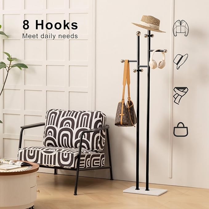 Coat Rack Freestanding with Marble Base Sturdy Coat Tree Heavy Duty Clothes Rack for Entryway Bedroom Living Room Hotel 14.96 x 10.24 x 68.9 Inches (Black)