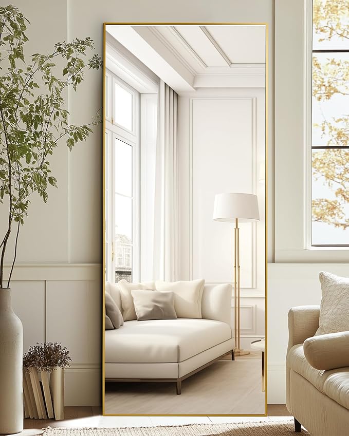 Antok Full Length Mirror, 59"x18" Floor Mirror, Floor Standing Freestanding Full Body Mirror with Stand for Bedroom, Hanging Mounted for Living Room Cloakroom, Gold