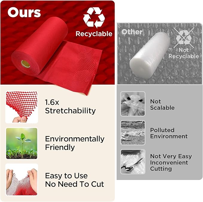 Honeycomb Packing Paper, 12"x200' Red | Perforated Honeycomb Packing Paper Recyclable Moving Supplies for Shipping & Moving | Plastic-Free Alternative to Bubble Cushion Wrap with 36 Fragile Stickers