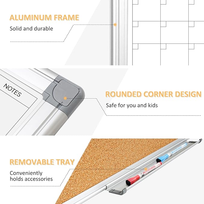 Dry Erase Calendar Whiteboard for Wall, 24"x18" Magnetic Monthly White Board Cork Board Combo, Double Sided, Aluminum Frame, Wall Hanging Wipe Board for Home, Office, School, Dorm