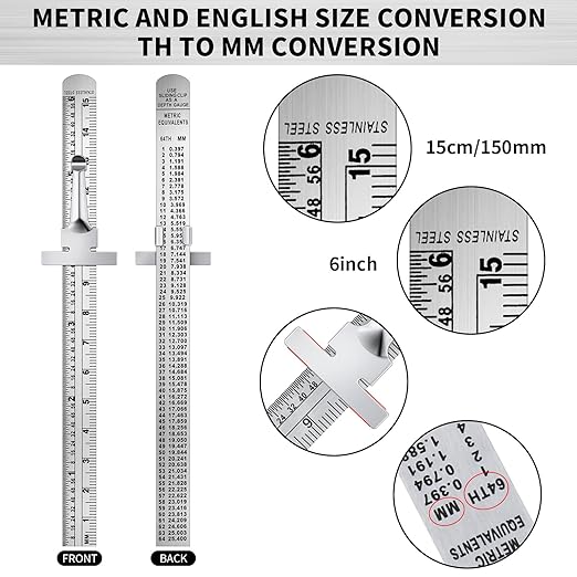 6 Inch 15 cm Pocket Ruler Flexible Precision Stainless Steel Ruler with Detachable Clips Stainless Steel Pocket Clip Scale Gauge Metric British System(15 Pieces)