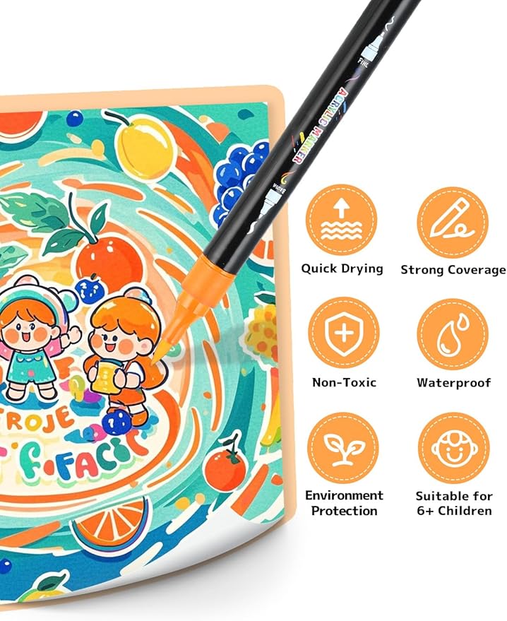 30 Colors Acrylic Paint Pens, Dual Tip Acrylic Paint Markers with Brush and Fine Tips for Kids and Adults, Wood, Canvas, Stone, Rock Painting, Glass, Ceramic Surfaces, DIY Crafts Making