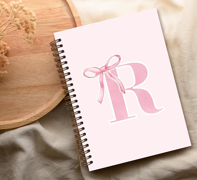 Coquette Trendy Preppy Pink Bow Spiral Notebook,Initial R Journal Personalized Teen Girl Gifts,Monogrammed Gifts for Women Teen Girl,College Ruled Hardcover Spiral Notebook 5.5 x 8.3