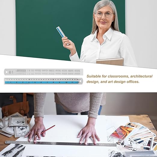 HARFINGTON 6pcs Metal Straight Ruler 30cm Metric SAE Aluminum Alloy Measuring Rulers Scale Tools with Hole for Measure Study Reading Classroom Office, Blue