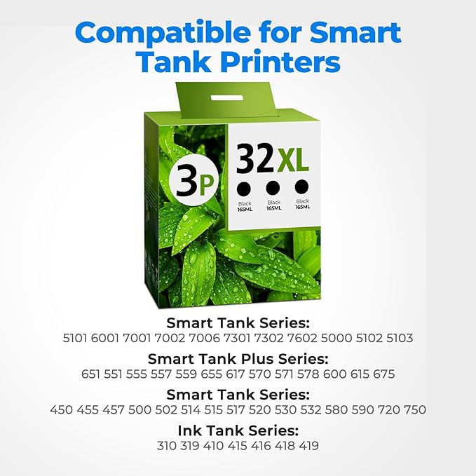 32XL Black Ink Bottle Set, Smart Tank 7602 5101 651 6001 5000 Ink Refill Compatible with HP 32XL Black Ink Bottle Set for Smart Tank 5101 7602 651 5000 5103 6001 7301 7302 7001 5102 7006 7002 Printer