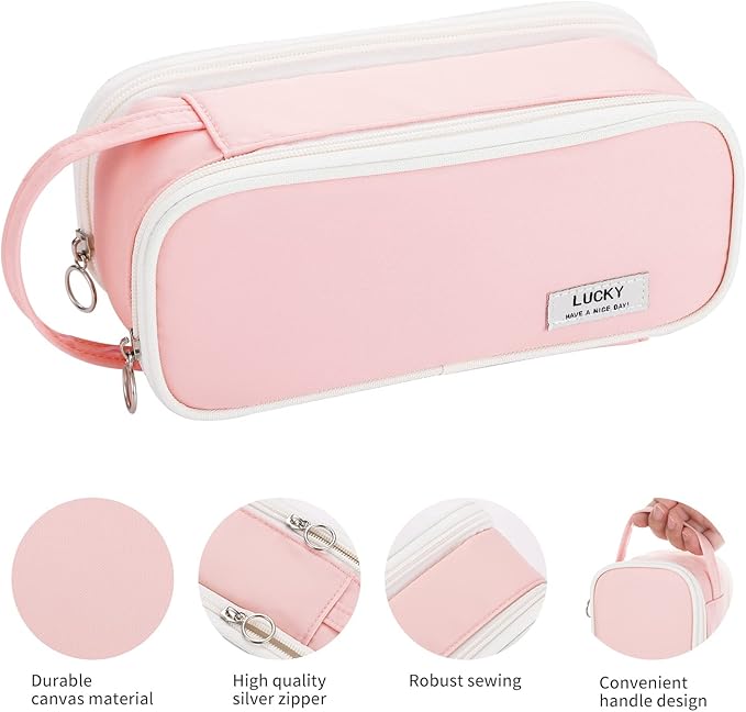 Dugio Big Pencil Case for Girls Teens Kids Zipper Pencil Pouch with Handle Organizer Pencil Bag Aesthetic Pencil Box for School Pink