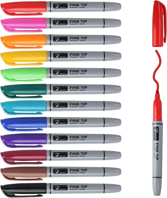 12 Permanent Markers - Assorted Colors Drawing Marker Pens Set, Waterproof Quick Drying Fine Tip Colored Artists Markers for Adults Coloring