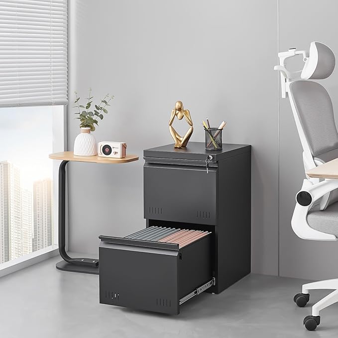 2 Drawer File Cabinets for Home Office, Vertical File Cabinet with Lock, Printer Stand, Office Storage Cabinet for A4/Letter/Legal Size, Under Desk Filing Cabinet, Assembly Required(Black)