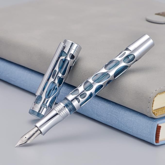 Asvine V169 Vacuum Filling Fountain Pen Medium Nib, Water Drop Skeleton Transparent Gray Blue Acrylic Pen Case Set