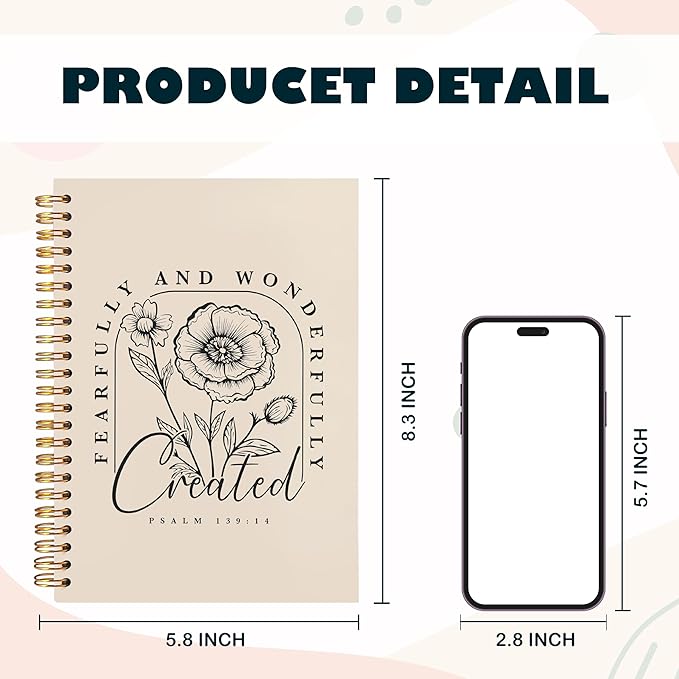 BearCake Floral Christian Notebook Journal, Christian Gifts for Women, Fearfully and Wonderfully Bible Journaling Prayer Journal for Women, Neutral Hardcover Spiral Notebook 5.5x8.3