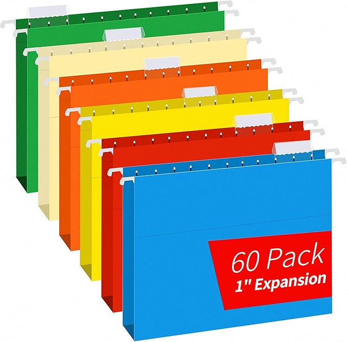 Extra Capacity Hanging File Folders, RAZCC 60 Pack Letter Size Reinforced Hanging Folders with Heavy Duty 1 Inch Expansion for Bulky Files, Filing Cabinet, Adjustable Tabs, Assorted Colors
